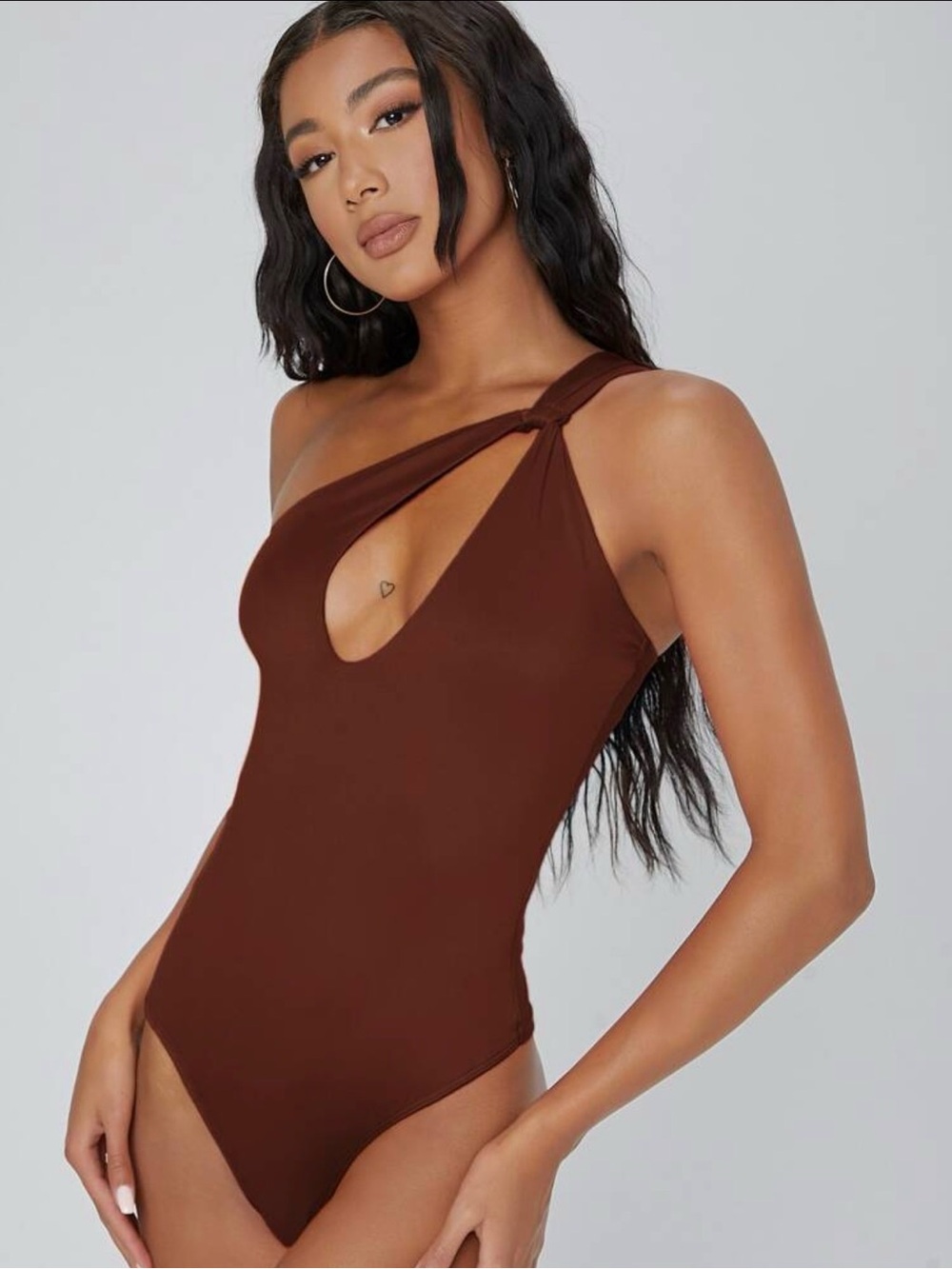 One-Shoulder Brown Cutout Bodysuit - Women Tops